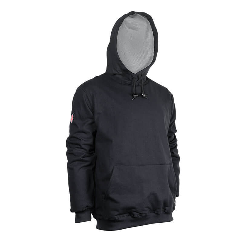The NSA DRIFIRE FR Lined Pullover Hoodie SWSI22G-_ _ is a black fire-retardant hoodie with a front pocket, drawstrings, and a colorful patch on the right sleeve—ideal arc flash protection shown on a faceless mannequin.