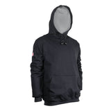 The NSA DRIFIRE FR Lined Pullover Hoodie SWSI22G-_ _ is a black fire-retardant hoodie with a front pocket, drawstrings, and a colorful patch on the right sleeve—ideal arc flash protection shown on a faceless mannequin.