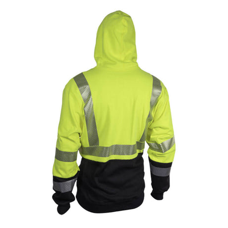 A person clad in the NSA DRIFIRE FR Hybrid Lined Zip Front Hoodie Class 3 SWSLHE04-_ _, featuring a bright yellow hue, reflective stripes, and a black lower section. The hoodie is inherently flame-resistant with an impressive arc rating of 34 cal/cm², and the hood is up as they face away from the camera.