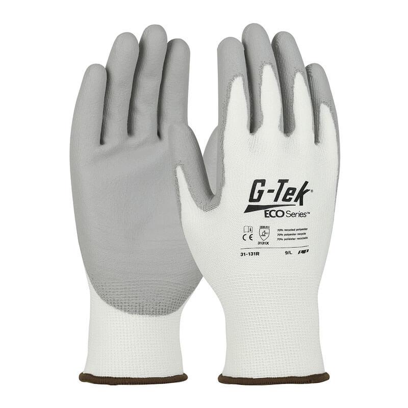 Introducing the PIP G-Tek ECO Yarn/Spandex PU Grip Gloves 31-131R, available in a convenient pack of 12 pairs. Made by Protective Industrial Products, these gloves are skillfully crafted from recycled yarn and spandex in gray and white colors. They feature "G-Tek ECO Series" branding on the back and polyurethane-coated textured palms for superior grip, making them ideal for industrial or protective applications.