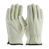 Introducing the PIP Economy Top Grain Cowhide Leather Drivers Glove 77-265 from Protective Industrial Products. These gloves are expertly crafted from top grain cowhide leather and feature a textured surface. The design includes brown trim at the cuffs and visible stitching, offering a minimalist aesthetic with natural thermal lining. Displayed upright, they highlight the keystone thumb design for enhanced comfort and dexterity. Available in packs of 12 pairs.