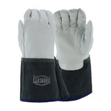 Introducing the PIP Ironcat Premium Leather Tig Gloves with Kevlar, available in a set of 6 pairs. These gloves are crafted with light gray Top Grain Kidskin Leather fingers and palms, paired with dark gray canvas cuffs. They feature stitching details and display the PIP - Protective Industrial Products logo on the cuffs, offering both durability and style for demanding tasks.