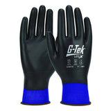 A pair of PIP G-Tek VR-X nylon gloves featuring black fabric with blue cuffs for barrier protection. The "G-Tek VR-X" logo is prominently displayed on the back, and they are designed to be touchscreen compatible for extra convenience.