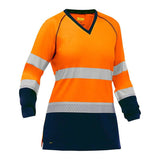 The PIP Bisley Women's Long Sleeve Shirt w/Navy Bottom 313W6118T by Protective Industrial Products is an ANSI Type R Class 3 high-visibility work shirt. It features bright orange fabric with horizontal reflective silver stripes across the chest and arms, as well as dark navy accents on the cuffs and lower hem, making it perfect for low-light conditions and enhancing safety for women.