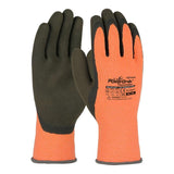 A pair of orange and black PIP PowerGrab Thermodex Hi-Vis Gloves featuring a Latex MicroFinish Grip for enhanced hold. These gloves have a textured surface on the palms and fingers, with text and logos on the back that highlight the PIP brand and features.