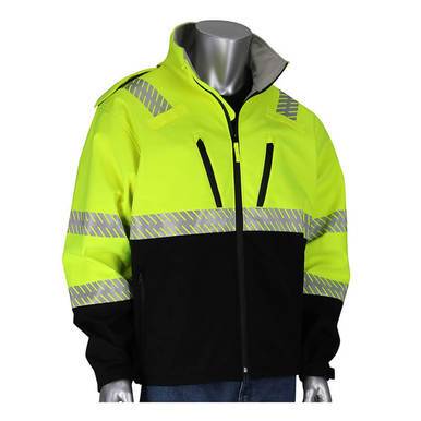 The PIP Ripstop Softshell Black Bottom Jacket 333-1550 from Protective Industrial Products is displayed on a mannequin in bright yellow and black, featuring reflective tape across the shoulders, chest, arms, and waist. This waterproof jacket includes a zippered front and a raised collar for additional protection.