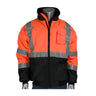 A mannequin showcases the PIP Value Black Bottom Bomber Jacket 333-1740 by PIP - Protective Industrial Products. This Hi-Vis jacket is designed with bright orange fabric and reflective tape on the shoulders, chest, and arms. The lower part is black and features a handy zipper front along with a practical chest pocket, making it ideal for staying visible while ensuring safety.