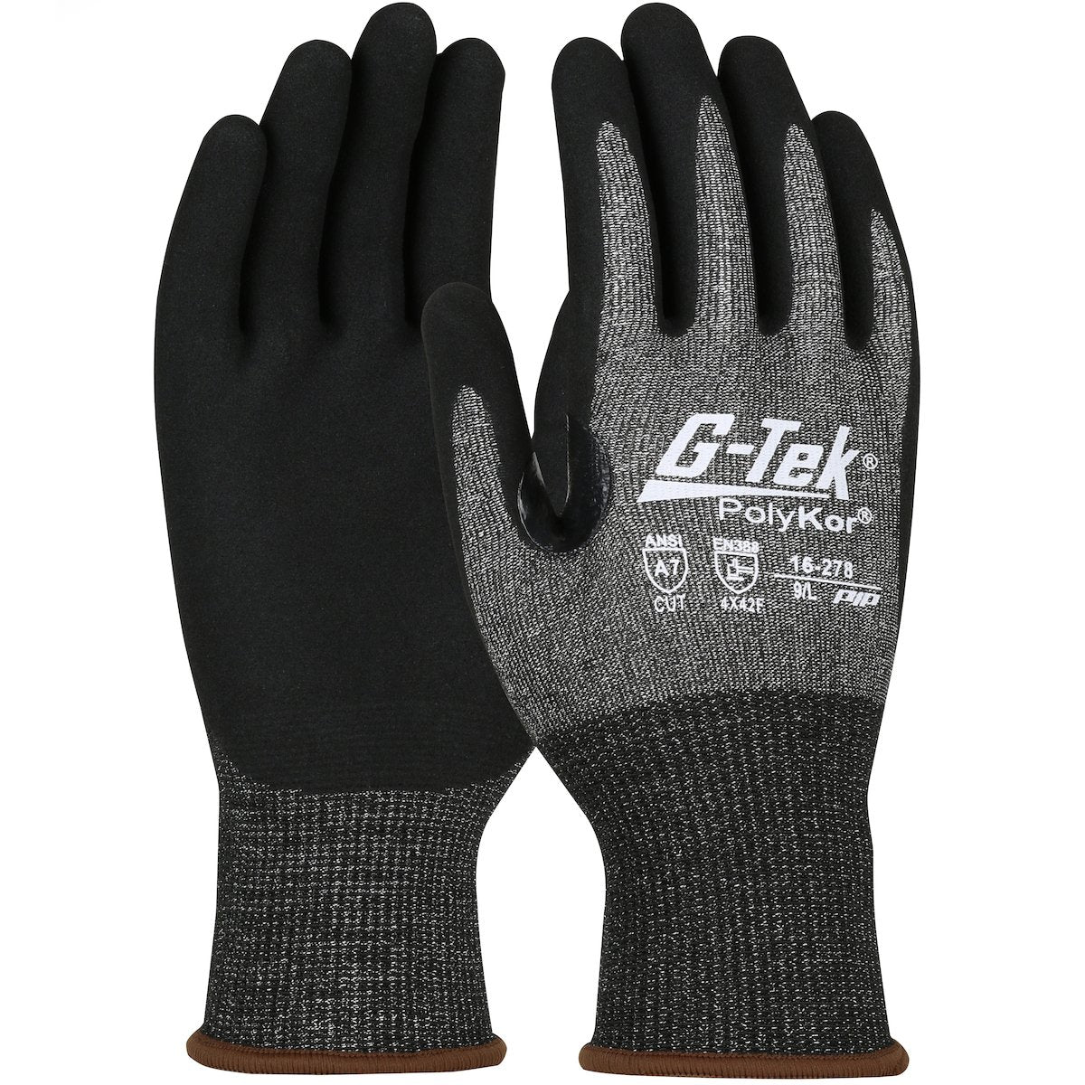 The PIP G-Tek PolyKor X7 gloves, from Protective Industrial Products, feature black nitrile-coated palms and gray fabric on the back. These cut-resistant gloves display white printed safety ratings and details, offering superior protection and grip.