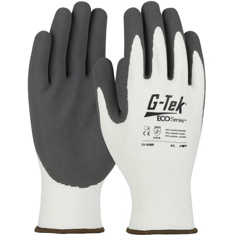 The PIP G-Tek ECO Yarn/Spandex MicroSurface Grip Gloves (model 31-530R) from Protective Industrial Products, available in a pack of 12 pairs, are designed with sustainability in mind. Made from recycled yarn, they feature grey latex-coated palms and white fabric backs. These eco-friendly gloves offer reliable protection and grip across different work environments while providing size and safety information for optimal use.