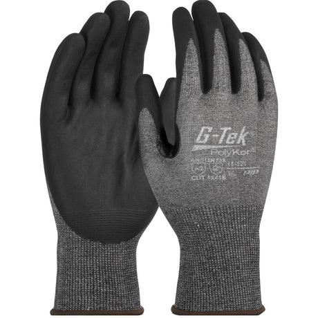 The PIP G-Tek PolyKor Gloves feature black nitrile-coated foam grips on the palms paired with gray fabric backs. Designed for comfort, they boast a seamless knit construction and are touchscreen compatible. The specifications are displayed on one glove against a simple white background.