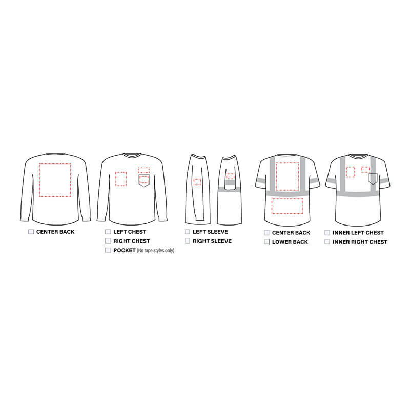 Line drawings show possible logo placements—center back, left chest, right chest, pocket, sleeves, and more—outlined in red to guide your PIP ANSI Type R Class 3 Two-Tone Personalized T-Shirt customization.