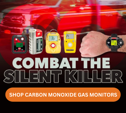 Text reading "Combat the Silent Killer" with images of carbon monoxide gas monitors against a blurred background featuring red vehicles. Below, an orange button says "Shop Carbon Monoxide Gas Monitors.