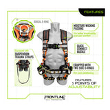 Image of the Frontline Combat Reflective Construction Full Body Harness 100RCTB by Frontline Fall Protection, showing labeled features: dorsal D-ring, moisture-wicking padding, quick connect buckle, suspension trauma straps, two side D-rings, and 5-point adjustability.