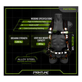 A black mannequin wears the Frontline Combat Reflective Construction Full Body Harness 100RCTB by Frontline Fall Protection, featuring reflective tape, 5,000 lbs webbing breaking strength, 310 lbs max user weight, and alloy steel hardware for safety.