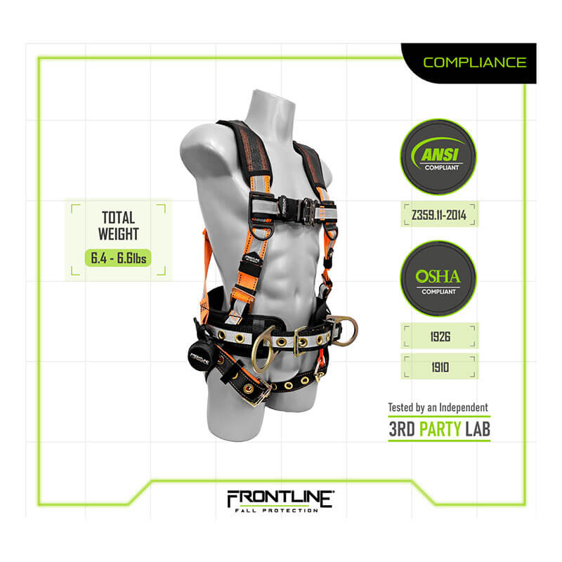 A gray mannequin wears the Frontline Combat Reflective Construction Full Body Harness 100RCTB (Frontline Fall Protection), black/orange with straps and metal rings, ANSI/OSHA compliant, third-party tested, 6.4–6.6 lbs; logo visible.