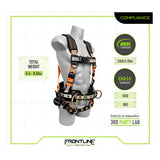 A gray mannequin wears the Frontline Combat Reflective Construction Full Body Harness 100RCTB (Frontline Fall Protection), black/orange with straps and metal rings, ANSI/OSHA compliant, third-party tested, 6.4–6.6 lbs; logo visible.