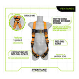 A mannequin displays the Frontline Fall Protection Combat Compliance Kit Harness, featuring hi-vis orange webbing, dorsal D-ring, pass-thru buckles, adjustable leg straps, universal sizing, and a 6' single leg lanyard for fall protection.