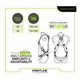 Infographic for the Frontline Combat Compliance Kit Harness with 6' single leg lanyard. Shows OSHA/ANSI compliance, third-party tested, harness diagrams, 3.3 lb weight, simple & adjustable design. Frontline Fall Protection logo at bottom.