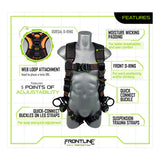 A mannequin wears the Frontline Fall Protection Frontline Combat Vest Harness with front, side, and dorsal D-rings, web loop, quick-connect buckles, moisture-wicking padded material, and suspension trauma straps.
