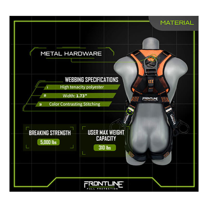 The Frontline Fall Protection Frontline Combat Vest Harness w/Front Side D-Rings & Straps is shown on a mannequin, made of high tenacity polyester, 1.73" wide, with color-contrasting stitching and 5,000 lbs strength for users up to 310 lbs.