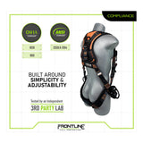 A silver mannequin wears the Frontline Combat Vest Harness with front side D-rings and straps. OSHA and ANSI compliant, third-party lab tested, simple to use, easily adjustable. "Frontline Fall Protection" logo shown at the bottom.