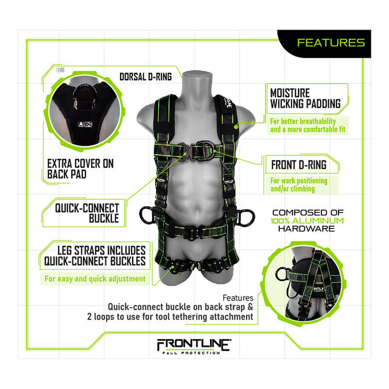 A diagram of the Frontline Elite Rescue Harness w/Aluminum Quick Connect features labeled dorsal and front D-rings, aluminum quick connect buckles, extra back padding, moisture-wicking pads, and aluminum hardware. Frontline Fall Protection logo shown below.