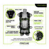 A diagram of the Frontline Elite Rescue Harness w/Aluminum Quick Connect features labeled dorsal and front D-rings, aluminum quick connect buckles, extra back padding, moisture-wicking pads, and aluminum hardware. Frontline Fall Protection logo shown below.