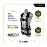 The Frontline Fall Protection Elite Rescue Harness w/Aluminum Quick Connect in black and neon green is a lightweight, OSHA and ANSI compliant full-body harness for wind, rescue, climbing, positioning, and construction. Tested for comfort and safety.