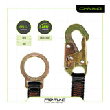 The Frontline D-Ring 18" Extension Lanyard ACEL18S by Frontline Fall Protection features a round dorsal D-ring and a large snaphook with latch on black webbing, with OSHA and ANSI labels displayed to indicate compliance with safety standards.