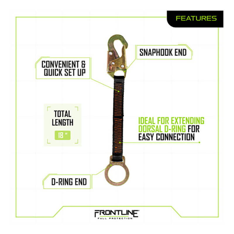 The Frontline D-Ring 18" Extension Lanyard ACEL18S from Frontline Fall Protection features a snaphook and D-ring, making it ideal for quickly and easily extending a dorsal d-ring connection.