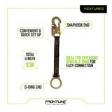 The Frontline D-Ring 18" Extension Lanyard ACEL18S from Frontline Fall Protection features a snaphook and D-ring, making it ideal for quickly and easily extending a dorsal d-ring connection.