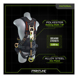 A mannequin wears the Frontline Fall Protection D-Ring 18" Extension Lanyard ACEL18S, featuring 1.18-inch polyester webbing, a 5,000-lb breaking strength, and zinc-plated alloy steel hardware.