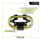 The Frontline Dual Connector Carabiner for Twin SRL's CSQ275 by Frontline Fall Production is made from high strength alloy steel, features a black turn lock, plastic separator, and offers 5170 lbs breaking and 3600 lbs gate strength.