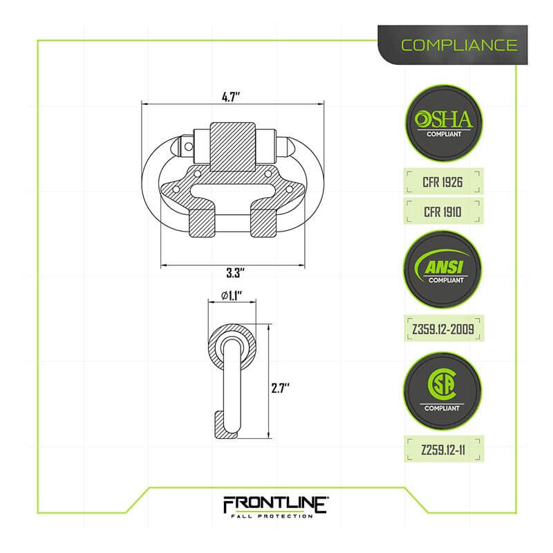 Technical diagram of the Frontline Fall Protection Dual Connector Carabiner for Twin SRL's CSQ275, measuring 4.3" wide by 2.7" high, with OSHA, ANSI, and CSA compliance badges shown on the right side.