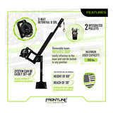 Diagram of the Frontline Patriot CS Davit by Frontline Fall Protection, a black safety system with 3-Way Retrieval System, SRL, dual pulleys, 350 lb capacity, 89" height, 26" reach. Features easy setup, removable boom, and full 360° rotation.