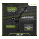 Infographic featuring the Frontline Fall Protection Patriot CS Davit with 3-Way Retrieval System, showing a black unit with callouts for a 3/16" galvanized steel cable (50'), powder-coated steel, cast aluminum housing, and 5,000 lb min. breaking strength.