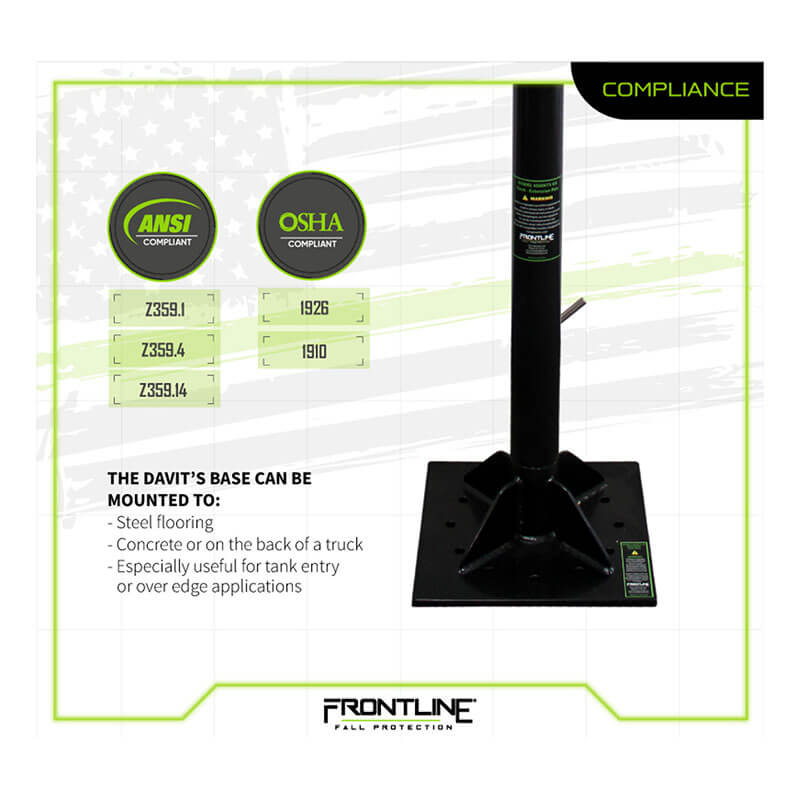 The Frontline Patriot CS Davit with 3-Way Retrieval System by Frontline Fall Protection mounts on a square plate and meets ANSI/OSHA standards. It supports fall arrest and rescue on steel, concrete, or trucks with various installation options.