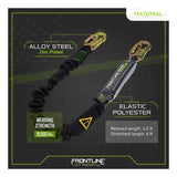 The Frontline Fall Protection Patriot 6' Single Leg Elastic Lanyard with Snaphooks features high-strength polyester webbing (tested to 8,500 lbs), alloy steel zinc-plated hooks, shock absorber, and stretches from 4.5 ft to 6 ft.