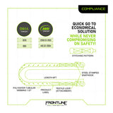 Diagram of the Frontline Combat Compliance Kit Harness with 6' single leg polyester lanyard, snap hooks, safety stitching, harness compatibility, OSHA/ANSI compliance badges, and Frontline Fall Protection logo; text highlights safety and compliance.