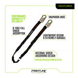 The Frontline Combat Compliance Kit Harness with 6' Single Leg Lanyard by Frontline Fall Protection features snap hook ends, 6-foot free fall shock absorption, internal shock absorber, and lightweight yet durable construction for reliable safety.