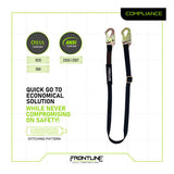 Frontline Fall Protection Combat Positioning 6' Adjustable Restraint Lanyard with snaphook ends, two hooks, and OSHA/ANSI compliance labels ensures reliable safety for fall hazards; pictured on a white background.