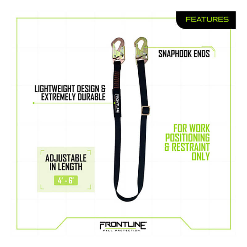 Shown: the Frontline Fall Protection Combat Positioning 6' Adjustable Restraint Lanyard in black, featuring snaphook ends and a 4'-6' adjustable length. Lightweight, durable, and for work positioning/restraint only—not for fall hazards.