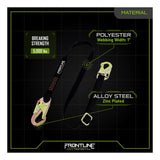 The Frontline Combat Positioning 6' Adjustable Restraint Lanyard by Frontline Fall Protection features black 1-inch polyester webbing, alloy steel snaphooks, zinc-plated hardware, and a 5,000 lbs breaking strength on a dark grid-patterned background.