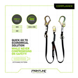 The Frontline Fall Protection Combat 6' Tie-Back Twin Leg Lanyard with Shock Absorb is shown with OSHA and ANSI logos, emphasizing an economical and safe solution for workers needing reliable fall protection equipment.