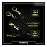 The Frontline Fall Protection Combat 6' Tie-Back Twin Leg Lanyard w/Shock Absorb features black polyester webbing, alloy steel hooks, 1" width, labeled specs: breaking strength 5,000 lbs, max capacity 310 lbs. MATERIAL: Polyester webbing.