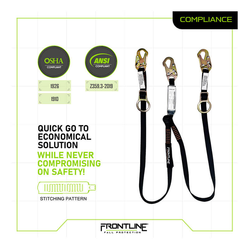 Image of the Frontline Combat 6' Tie-Back Twin Leg Lanyard w/Shock Absorb from Frontline Fall Protection, featuring safety hooks, OSHA & ANSI logos, reference numbers, and tagline: "Economical solution without compromising safety!.