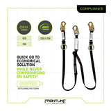 Image of the Frontline Combat 6' Tie-Back Twin Leg Lanyard w/Shock Absorb from Frontline Fall Protection, featuring safety hooks, OSHA & ANSI logos, reference numbers, and tagline: "Economical solution without compromising safety!.