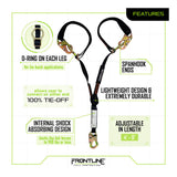 Infographic featuring the Frontline Fall Protection Combat 6' Tie-Back Twin Leg Lanyard with D-rings on each leg, spanhook ends, lightweight durable build, internal shock absorber, adjustable 4–6 ft length, and 100% tie-off for maximum safety.