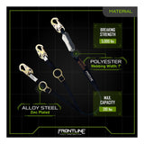 Image shows the Frontline Combat 6' Tie-Back Twin Leg Lanyard w/Shock Absorb by Frontline Fall Protection, featuring alloy steel zinc-plated hooks, 1" polyester webbing, 5,000 lb breaking strength, and a 310 lb max capacity. Branding is visible.