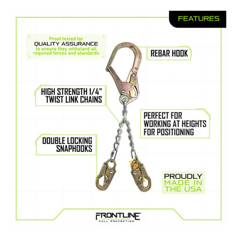 Image of the Frontline Patriot Positioning Chain w/Swivel Hook PSSW2R-US by Frontline Fall Protection featuring rebar hook, 1/4" zinc plated twist link chains, double locking snaphooks—ideal for height work and made in the USA.
